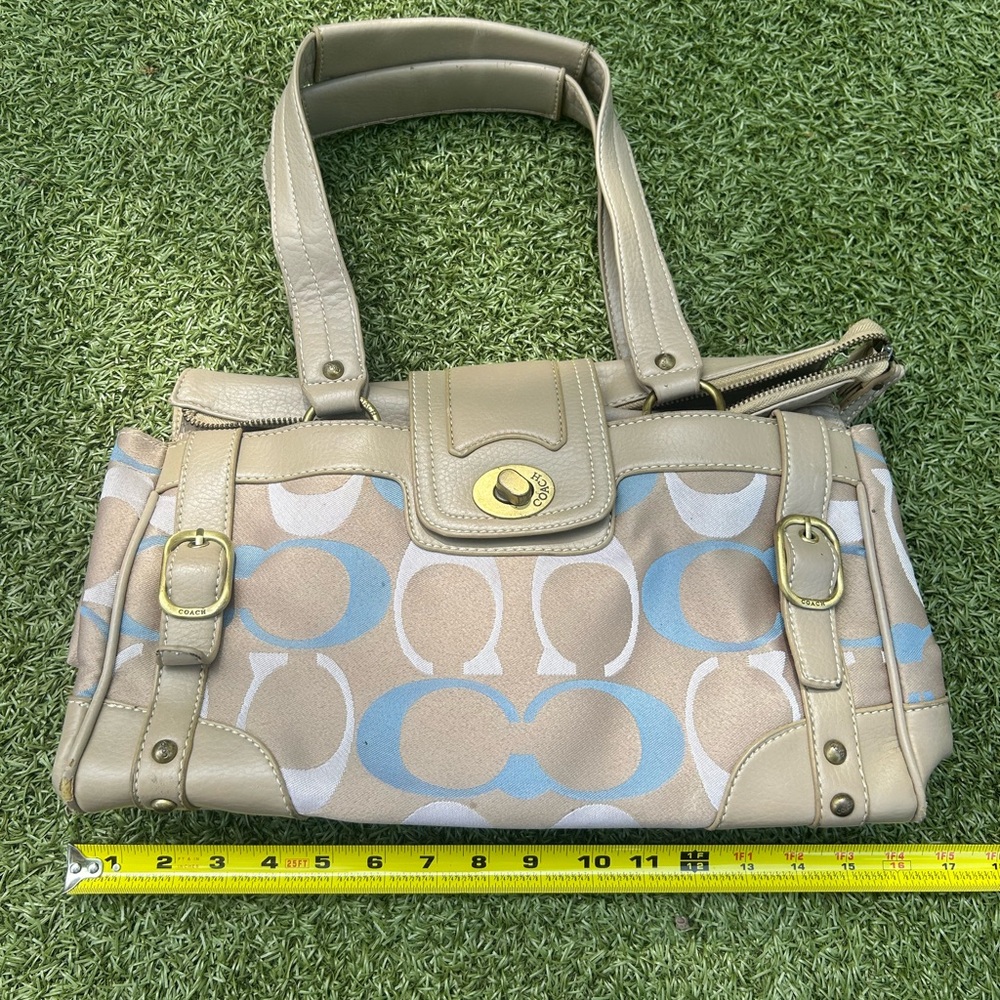 Coach Beige Canvas Shoulder Bag with Blue Signature C Motif